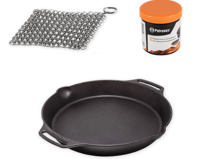 Package deal Petromax Skillet with handles 15 cm + stainless steel scrub + maintenance wax