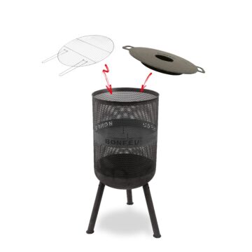 BonVes fire basket by BonFeu with grill grid and optional plancha