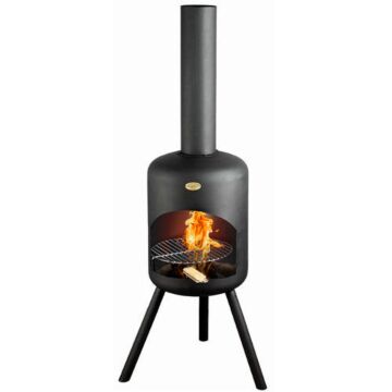 BonFeu BonSelo garden fireplace black product photo with fire and grill grid
