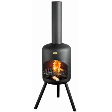 BonFeu BonSelo garden fireplace black product photo with fire and grill grid
