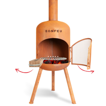 BonFeu BonBono rust garden fireplace product photo with grill in use
