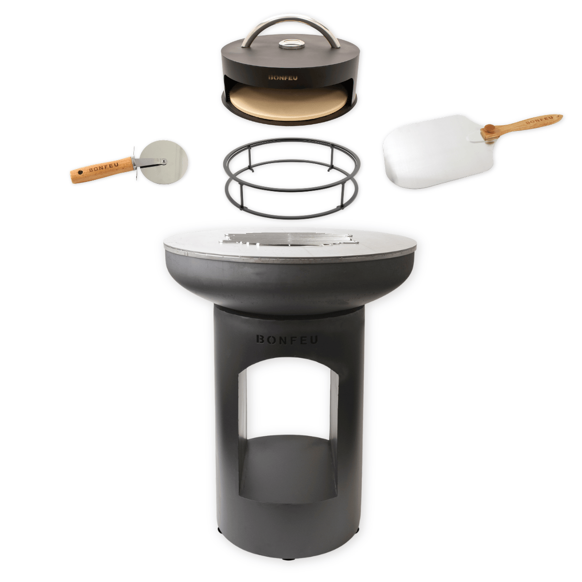 Package deal BonFeu BonBiza open black + pizza oven + stand + pizza peel + pizza cutter