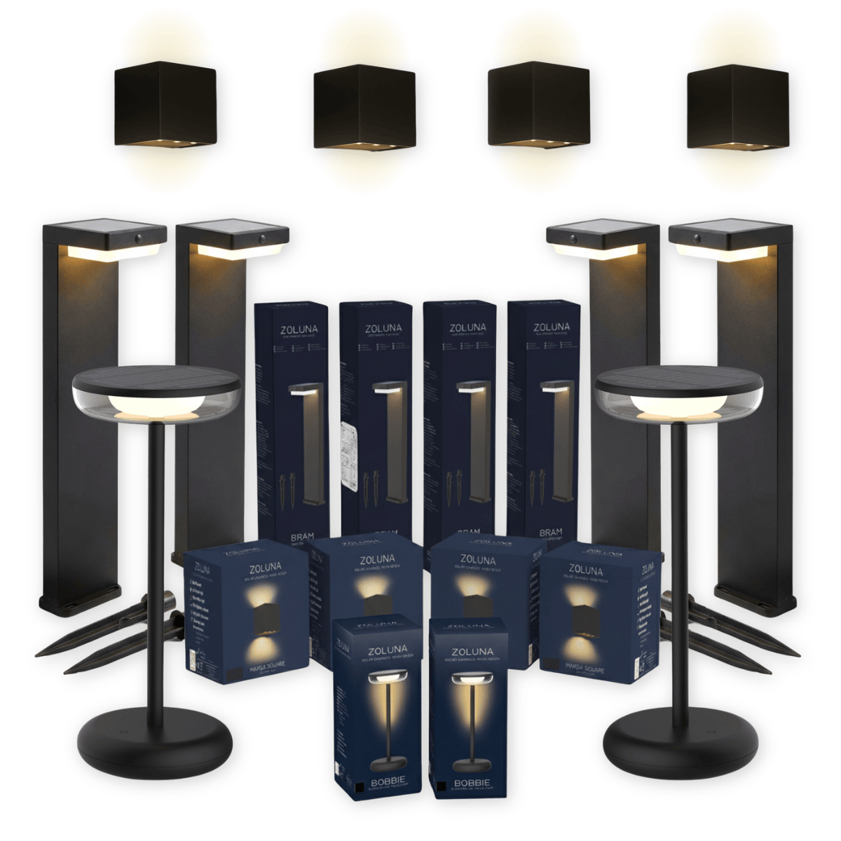 Package deal ZOLUNA 4x spike light Bram + 4x wall light Marga square + 2x table lamp Bobbie black