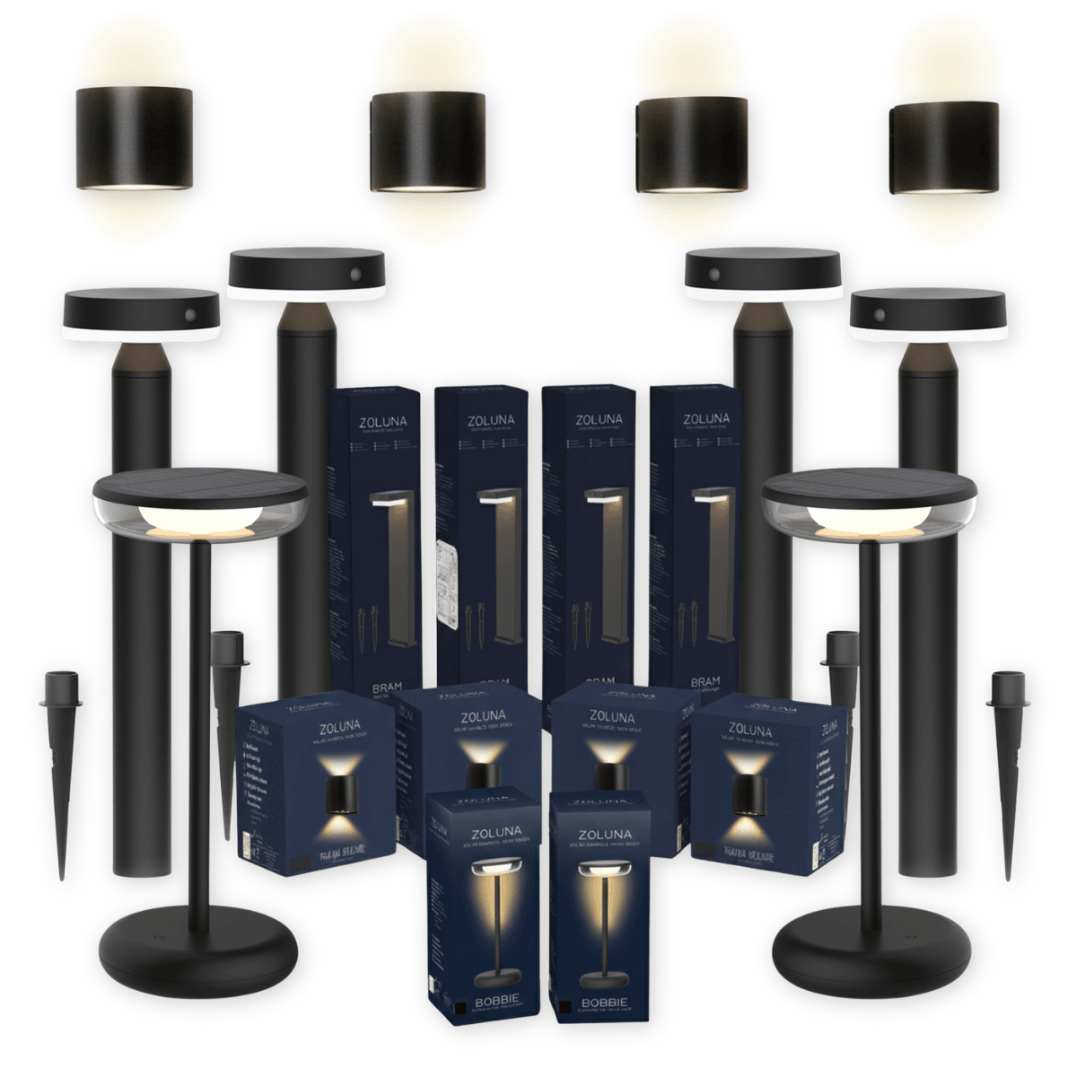 Package deal ZOLUNA 4x spike light Guus + 4x wall light Marga round + 2x table lamp Bobbie black
