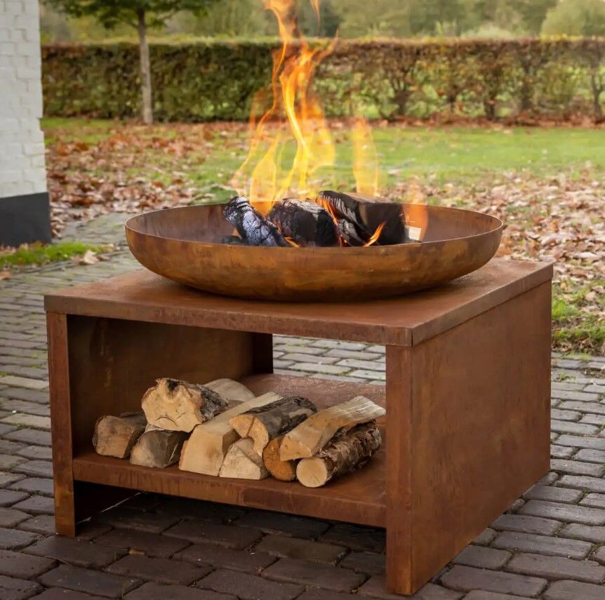 Esschert Firebowl with Wood Storage 60 cm Rust