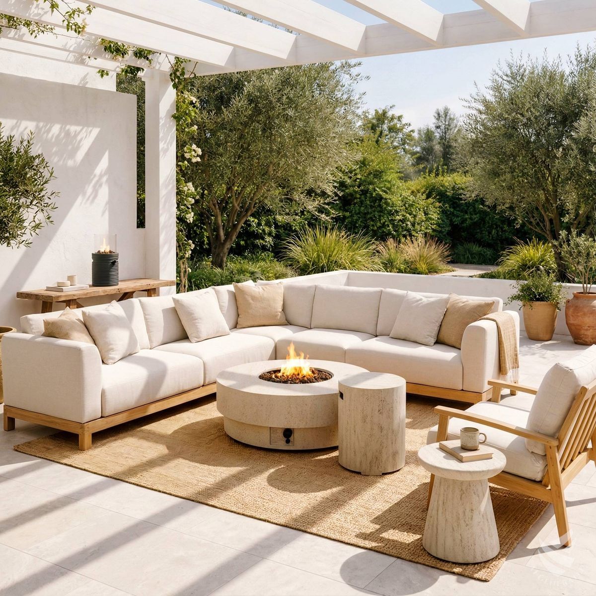 Happy Cocooning fire pit table Estate Round 105 travertine