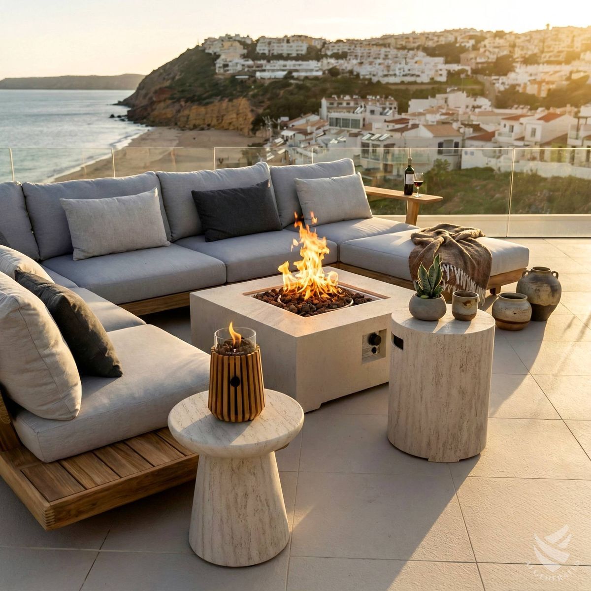 Happy Cocooning fire pit table Estate Square 88 travertine