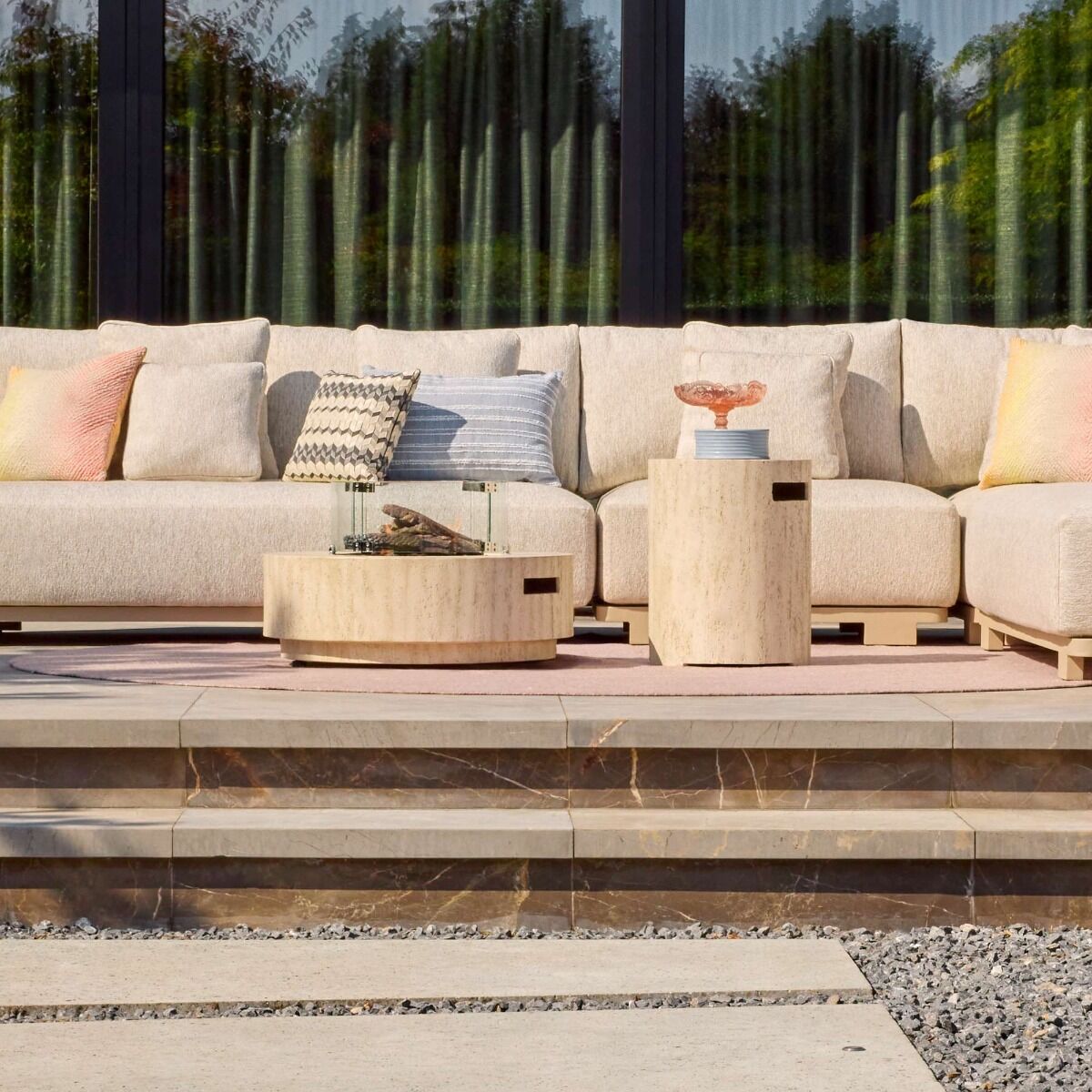 Happy Cocooning fire pit table Estate Round 76 travertine