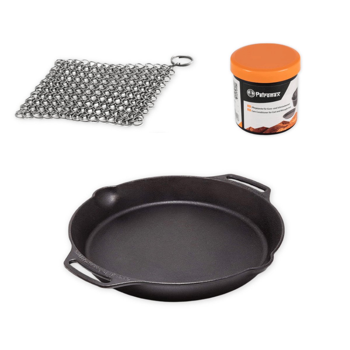 Package deal Petromax Skillet with handles 15 cm + stainless steel scrub + maintenance wax
