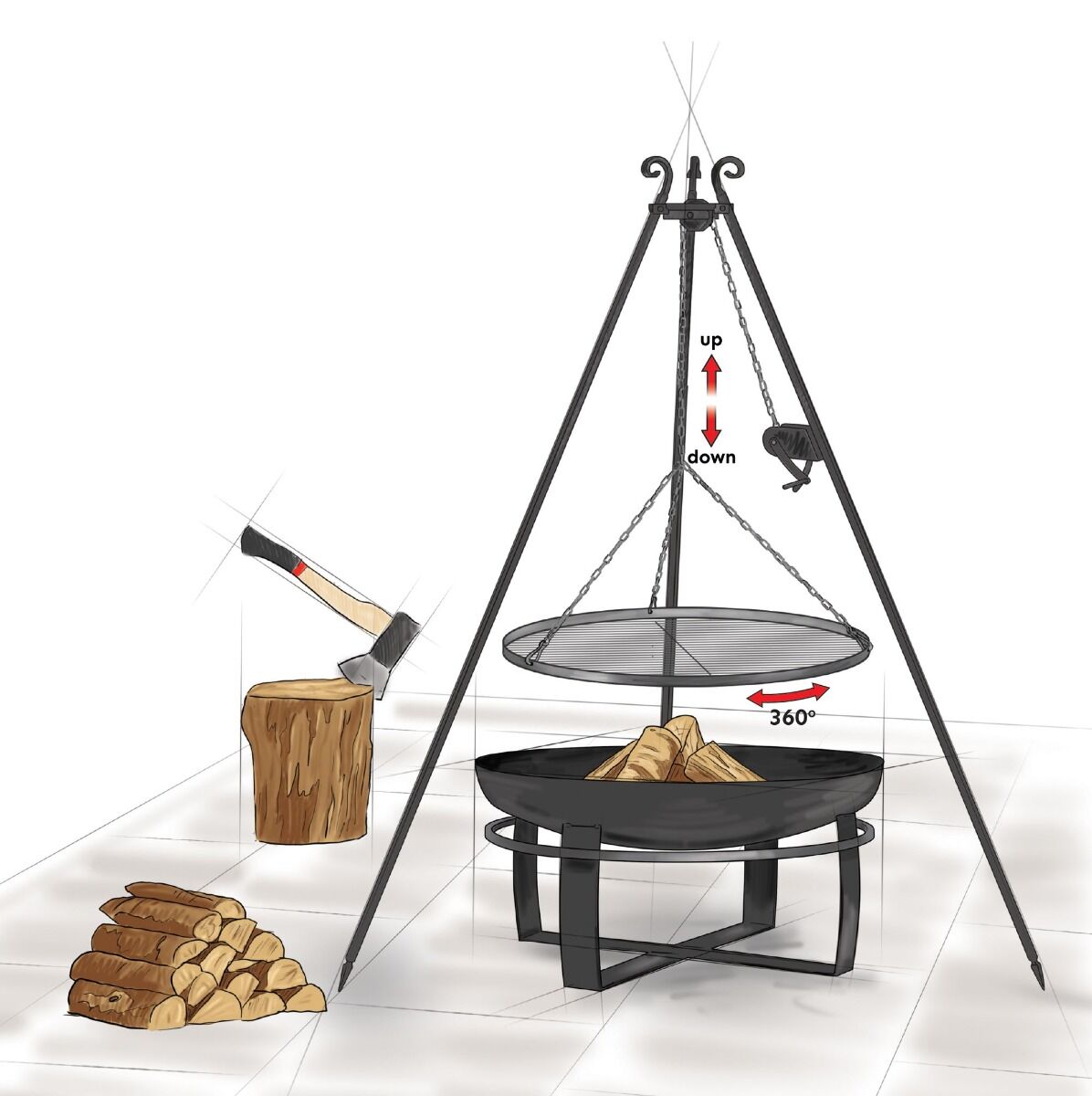 CookKing Tripod 180 cm with Stainless Steel Grill + Pulley